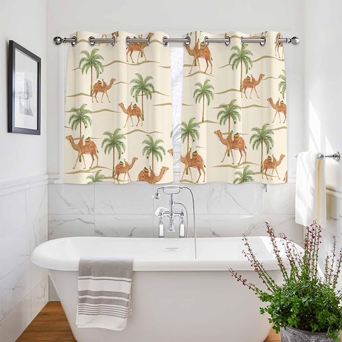 2 Panel Kitchen Cafe Curtains, Date Coconut Tree Sunlight Filtering Nature Air Through, Home Decor Window Covering Tier Curtains for Bedroom Living Room Desert Camels Botanical Tropical Beige