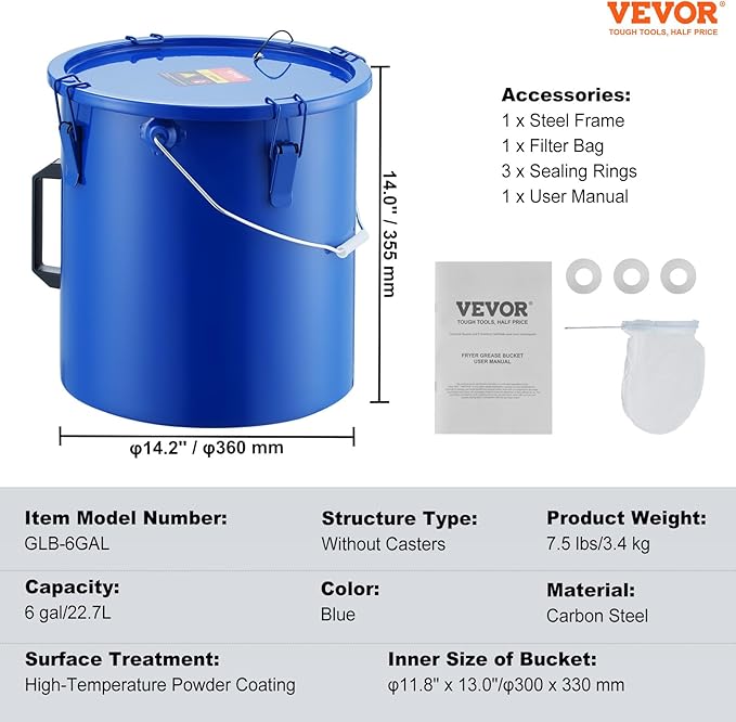 VEVOR Fryer Grease Bucket - 6 Gal Carbon Steel Oil Disposal Caddy with Rust-Proof Coating, Transport Container with Lid, Lock Clips, Filter Bag for Hot Cooking Oil Filtering