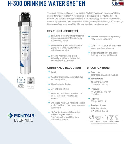 Pentair Everpure H-300 Drinking Water System, EV927076, NSF Certified to Reduce Lead, Includes Filter Head, Filter Cartridge, All Hardware and Connectors, 300 Gallon Capacity, 0.5 Micron