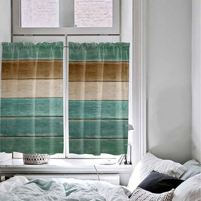 Vintage Plank Turquoise Brown Window Valance Curtains, Farmhouse Wood Grain Light Filtering Kitchen Valance with 3-inch Rod Pocket for Living Room Bathroom Bedroom,2 Panel,42x54In