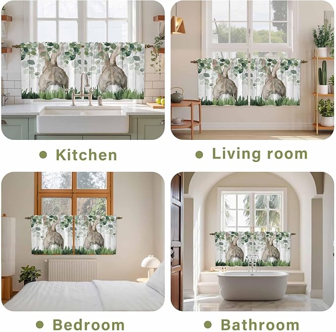 Easter Tier Curtains, Country Rabbit Botanical Leaves Wooden Grain Light Filtering Kitchen Curtains, 2Pcs Rod Pocket Half Window Treatments Panels for Sink Cafe Cabinet Camper 27.5x36 Inches