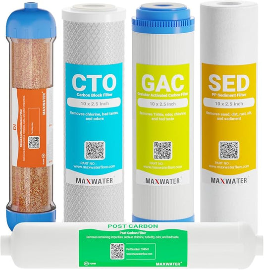 Replacement Filters for 6 Stage RO DI System - Sediment, GAC, CTO, Post-Carbon, Mixed Bed DI, 10 inch Standard Size Water Filters