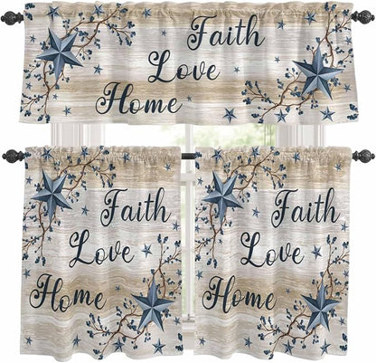 Vintage Country Kitchen Curtains Set 3 Piece for Windows,Rod Pocket Valance and Tier Set 24 Inch Length,Blue Rustic Texas Star Vines Wooden Grain Light Filtering Cafe Curtains for Living Room