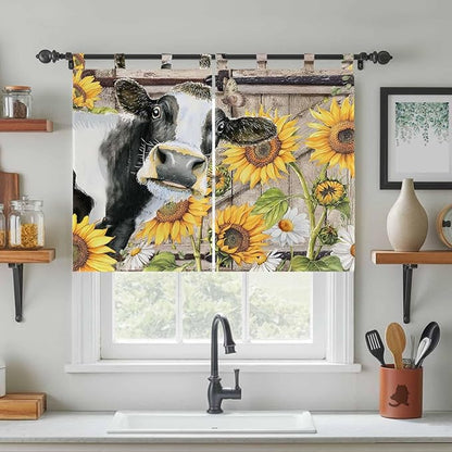 Retro Farmhouse Flower Kitchen Curtains 45 Inch Length, Short Cafe Window Curtains Tab Top, Yellow Sunflowers Cow Barn Doors Brown Light Filtering Window Treatments Tier Drapes 27.5"x45" 2 Panel