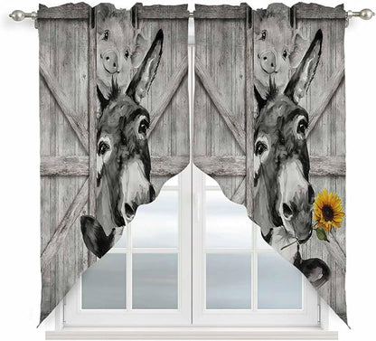 Funny Farm Animals Swag Valances for Windows, Vintage Barn Grey Sunflowers Rod Pocket Kitchen Curtains Valance, Kitchen Window Curtains Swag for Cafe Bathroom Living Room, 2 Panels, 36x63 inch