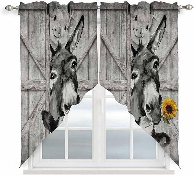 Funny Farm Animals Swag Valances for Windows, Vintage Barn Grey Sunflowers Rod Pocket Kitchen Curtains Valance, Kitchen Window Curtains Swag for Cafe Bathroom Living Room, 2 Panels, 36x45 inch