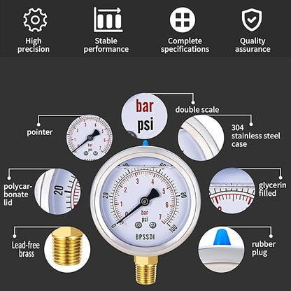 0-100 Psi Lead-Free Glycerin Liquid Filled Low Pressure Gauge, 2.5" Dial Size, 1/4" G Lower Mount, 304 Stainless Steel Case, for Water Pipe, HVAC, Water Oil Air Pressure Test