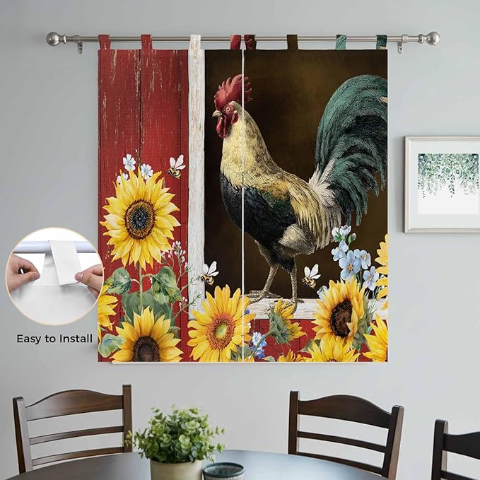 Chicken Sunflowers Bathroom Curtains 63 Inch Length, Window Curtains Tab Top, Farmhouse Animals Red Barn Bees Light Filtering Window Treatments Drapes 52"x63" 2 Panel