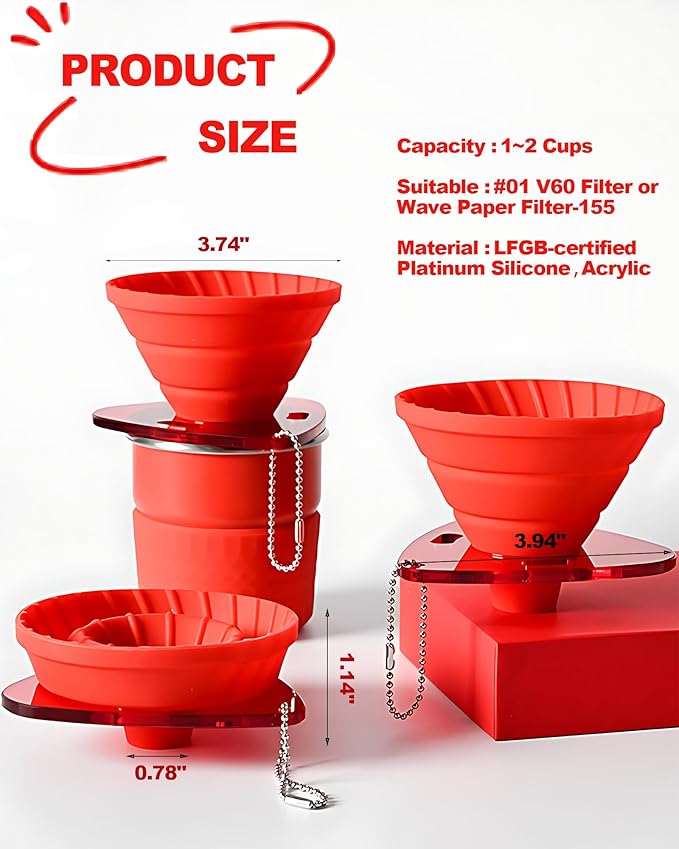 2-in-1 Pour Over Coffee Dripper - Silicone Pour Over Coffee Maker, Collapsible Dripper, Use V60 or Wave Paper Filter, Reusable Portable Coffee Filter for travel Camping- Single Cup (Red)