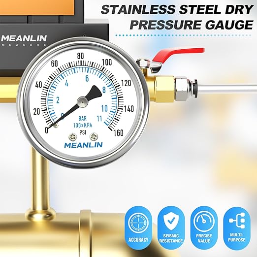 MEANLIN MEASURE 0~160Psi Dry Pressure Gauge Stainless Steel 1/4" NPT 2" FACE DIAL Waterproof for Air Compressor RV Regulator Water Pressure Tester Black Mount, with 1/2" NPT and 3/8" NPT Hex Bushing