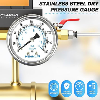 MEANLIN MEASURE 0~160Psi Dry Pressure Gauge Stainless Steel 1/4" NPT 2" FACE DIAL Waterproof for Air Compressor RV Regulator Water Pressure Tester Black Mount, with 1/2" NPT and 3/8" NPT Hex Bushing