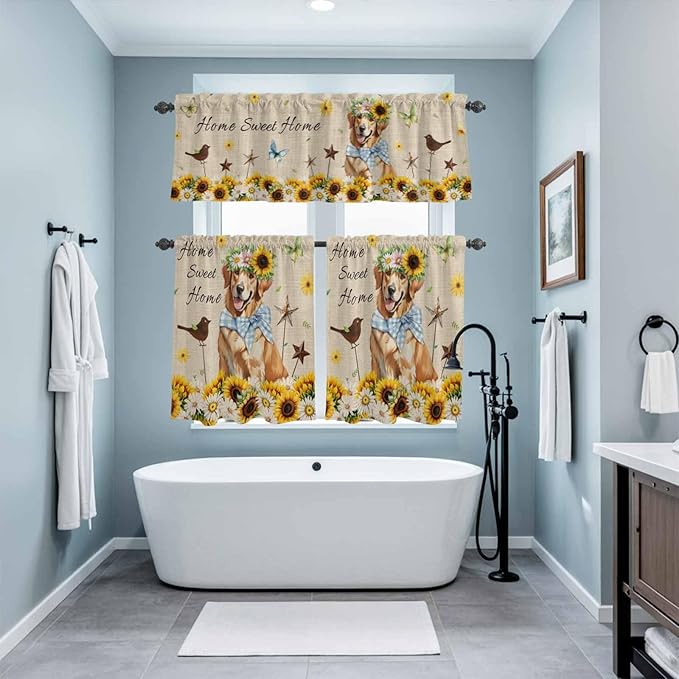Kitchen Curtains Tiers and Valance Set of 3, Sunflowers Dog Light Filtering Window Curtain Set, Spring Watercolor Floral Stars on Linen Rod Pocket Curtain Drapes for Cafe, Living Room, 36 Inches Tiers