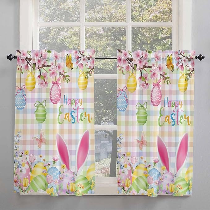 Happy Easter Kitchen Curtains 54 Inches Length, Spring Bunny Colorful Eggs Flower Plaid Window Treatment Curtain Drapes, Decorative Window Curtains for Bedroom Cafe, 52"x54", 2 Panels
