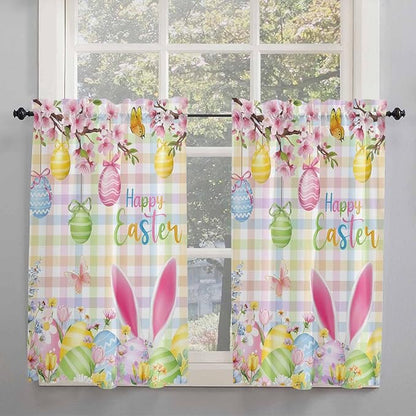 Happy Easter Kitchen Curtains 54 Inches Length, Spring Bunny Colorful Eggs Flower Plaid Window Treatment Curtain Drapes, Decorative Window Curtains for Bedroom Cafe, 52"x54", 2 Panels