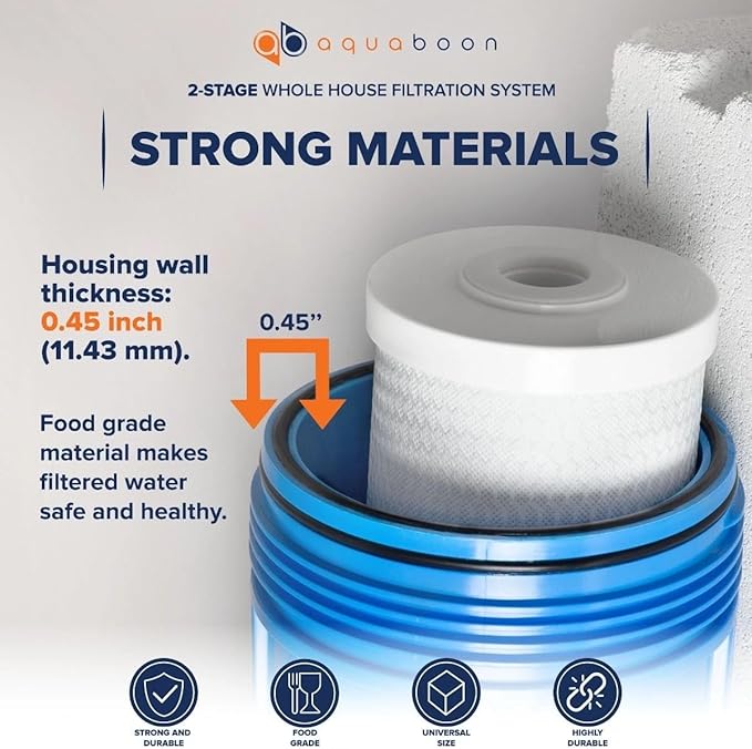 Aquaboon 2-Stage Whole House Water Filter System with 20x4.5 Sediment/Anti-Scale, Carbon Block Filters, Pressure Gauges & Release, Wrench, Bracket