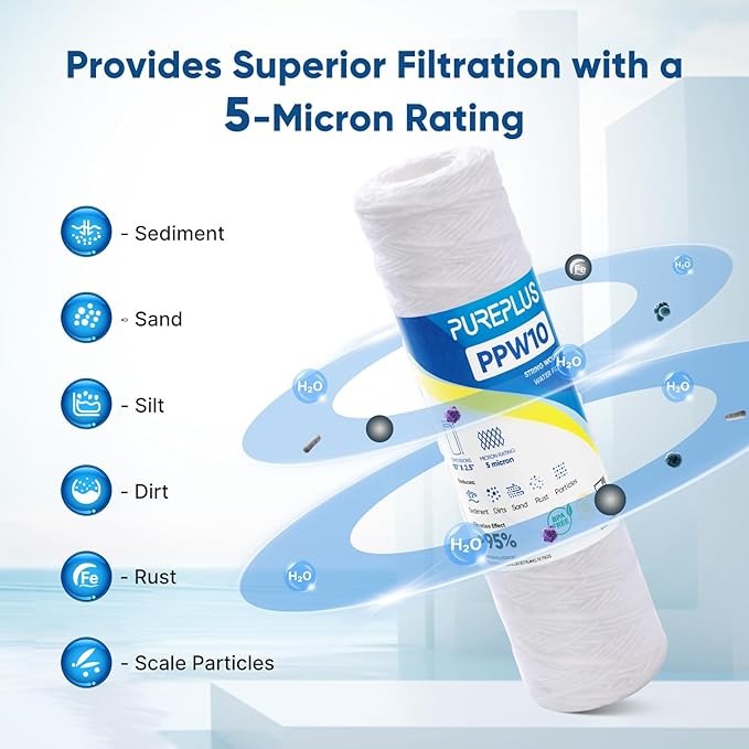 PUREPLUS 5 Micron 10"x2.5" Whole House String Wound Sediment Filter for Well Water, Replacement Cartridge for Universal 10 inch RO System, WP-5, Aqua-Pure AP110, CFS110, Culligan P5, WFPFC4002, 4Pack