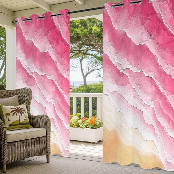 Ocean Outdoor Curtains for Patio Beach Waves Watercolor Abstract Gradient Pink Waterproof Outside Curtains with Grommet Top Weatherproof Curtain for Cabana Pergola Gazebo, 2 Pack, 54" W x 95" L