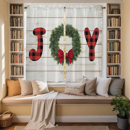 Christmas Wreaths Window Curtains 63 Inch Long 2 Panel Set, Rod Pocket Bedroom Curtains & Drapes, Winter Bow Plaid Farmhouse Wooden Grain Light Filtering Window Treatment for Living Room 42"W x 63"L