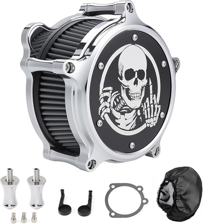 Motorcycle Air Filter Skull Style Air Cleaner with Filter Sock Dustproof Protective Cover Kit for Harley Touring 2000-07 Softail 2000-15 Dyna 2000-17, Excludes 2017 FXDLS (Chrome)