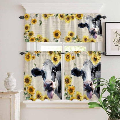 Kitchen Curtains Tiers and Valance Set of 3, Cow Sunflowers Light Filtering Window Curtain Set, Country Vintage Animals Floral Leaves Rod Pocket Curtain Drapes for Cafe, Living Room, 24 Inches Tiers