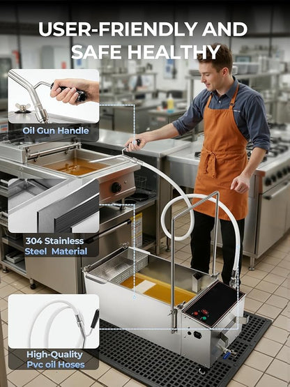 Mobile Fryer Oil Filter Machine, 55L/14.5GAL Fryer Filter Machine, Stainless Steel Commercial Fryer Oil Filter Cart with 8.45GAL/Min 1720RPM, Deep Fryer Oil Filtration for Restaurant Snack Bar 550W