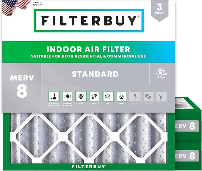 Filterbuy 24x24x4 Air Filter MERV 8 Essential Dust & Allergy Defense (3-Pack), Electrostatic Pleated HVAC AC Furnace Filters Replacement, Made in USA (Actual Size: 23.38 x 23.38 x 3.63)