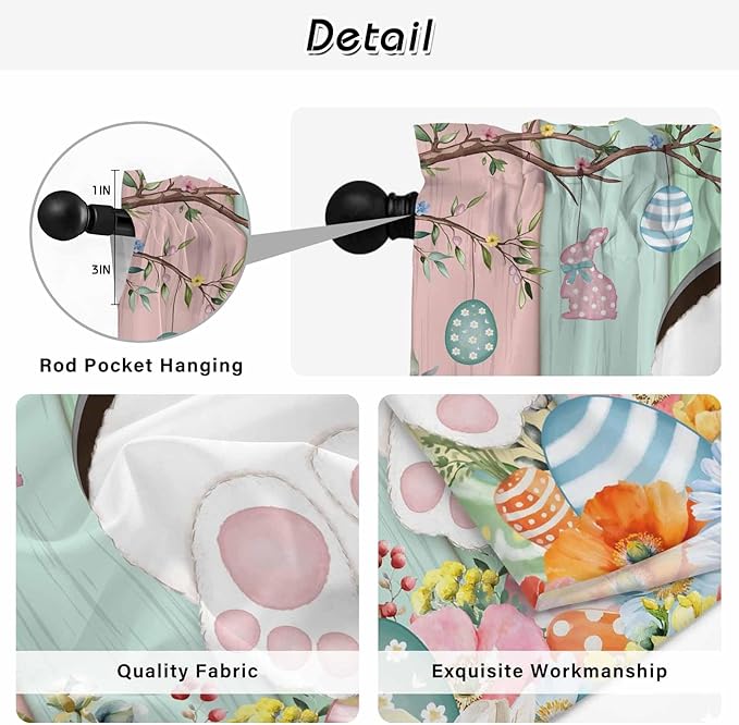 Easter Kitchen Curtains 54 Inch Long 2 Panel Set, Rod Pocket Window Curtains Panels, Spring Colorful Bunny Eggs Flower Wood Grain Light Filtering Privacy Draperies for Bedroom Laundry 42"W x 54"L
