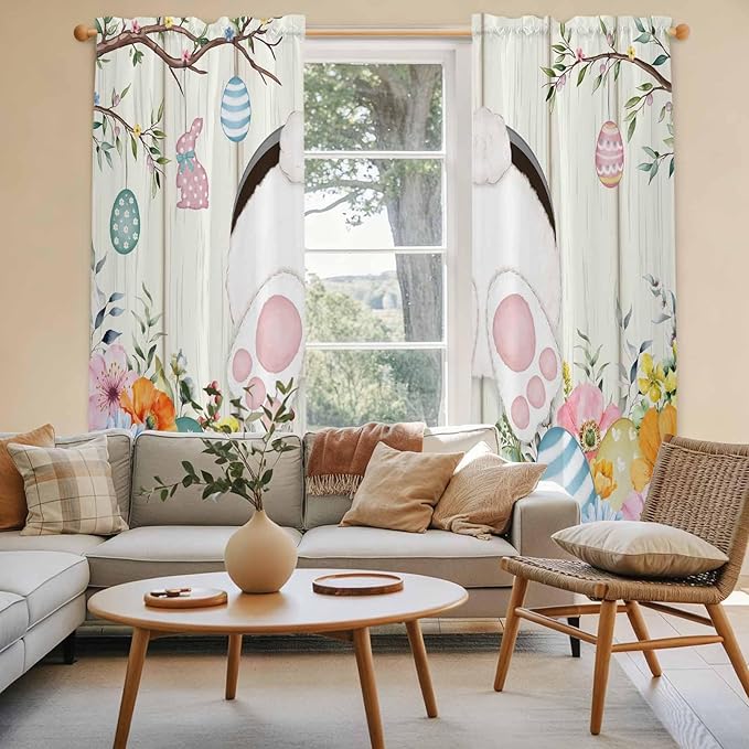 Easter Window Curtains 72 Inch Long 2 Panel Set,Rod Pocket Long Curtains & Drapes,Spring Farmhouse Watercolor Bunny Eggs Wood Grain Light Filtering Window Treatment for Bedroom Living Room 52"W x 72"L