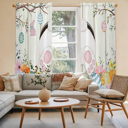 Easter Window Curtains 72 Inch Long 2 Panel Set,Rod Pocket Long Curtains & Drapes,Spring Farmhouse Watercolor Bunny Eggs Wood Grain Light Filtering Window Treatment for Bedroom Living Room 52"W x 72"L