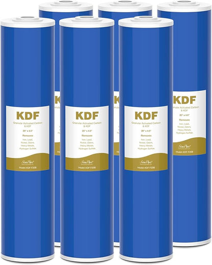 SimPure Whole House Water Filter Cartridges 20" x 4.5" GAC/KDF Carbon and Heavy Metal Filter, For DB20P, WHB20, FG25B-KS, WGB32B-KS, ‎FLTWH2045K, 6 Pack