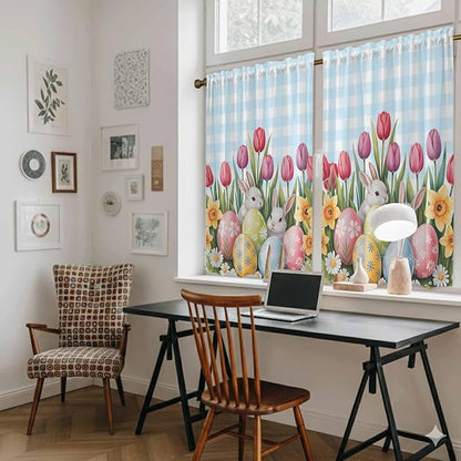 Easter Kitchen Curtains 54 Inch Long 2 Panel Set,Rod Pocket Window Curtains Panels,Spring Bunny Colorful Eggs Tulip Flowers Blue Check Light Filtering Privacy Draperies for Bedroom Laundry 42"W x 54"L