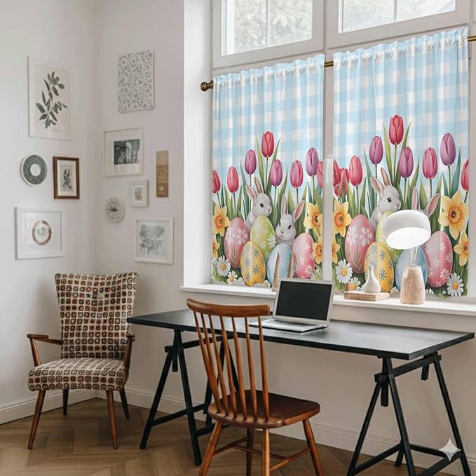 Easter Kitchen Tier Curtains 45 Inch Long 2 Panel Set,Rod Pocket Short Window Treatment,Spring Bunny Colorful Eggs Tulip Flowers Blue Check Light Filtering Curtains & Drapes for Bathroom 27.5"W x 45"L