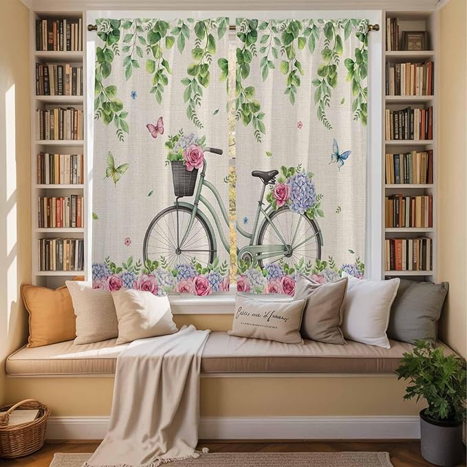 Farmhouse Spring Kitchen Curtains, Retro Bicycles Flowers Vines Butterfly Light Filtering Window Curtain Panels, 2Pcs Rod Pocket Window Treatments Set for Living Room Bathroom Bedroom 42x63 Inches