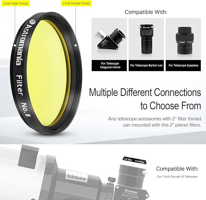 Astromania Telescope Filter, Planetary Filter with Metal Frame for Astronomical Telescope Eyepiece, 2 Inch Telescope #8 Yellow Color Filter for Enhancing Contrast in Lunar Planetary Observation
