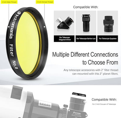 Astromania Telescope Filter, Planetary Filter with Metal Frame for Astronomical Telescope Eyepiece, 2 Inch Telescope #8 Yellow Color Filter for Enhancing Contrast in Lunar Planetary Observation