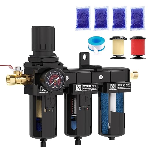 NEWPO 1/2" NPT 3 Stage Air Drying System,Air Dryer for Compressor with 5＆0.01 Micron Filter Cartridge，Desiccant Dryer & Air Regulator, Metal Bowl Semi-Auto Drain