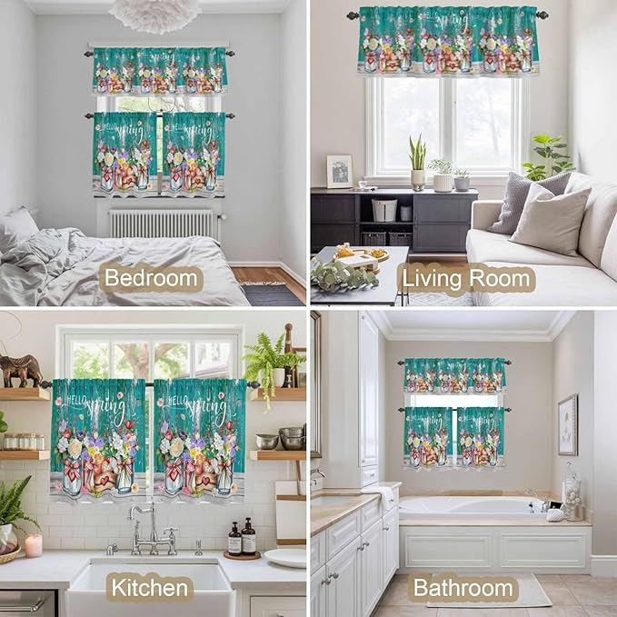 Kitchen Curtains Tiers and Valance Set of 3, Spring Flowers Light Filtering Window Curtain Set, Farmhouse Watercolor Teal Wood Grain Rod Pocket Curtain Drapes for Cafe, Living Room, 36 Inches Tiers