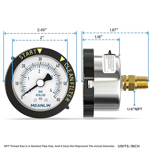 MEANLIN MEASURE 0~60Psi Stainless Steel Start and Clean Filter Pressure Gauge 1/4" NPT 2"FACE DIAL Waterproof for Pool Filter Pump Swimming Pool, spa, Aquarium Back Mount with Rotatable Plastic Frame