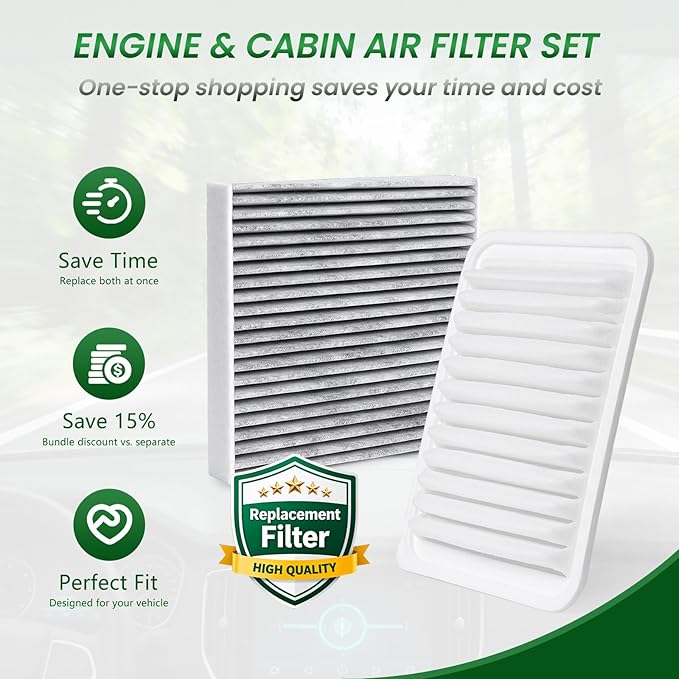 Cabin and Engine Air Filter Fits for VIBE (2009-2010), IM 2016, XD(2008-2014), COROLLA (2009-2019), COROLLA IM (2017-2018), MATRIX (2009-2014), YARIS (2006-2018), Replace for CF10285, CA10190