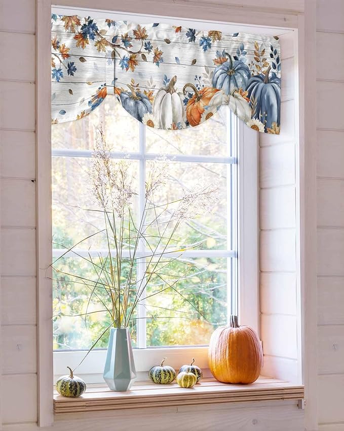 Thanksgiving Pumpkin Tie Up Valance Curtains for Windows, Kitchen Curtains Window Shades, Fall Maple Leaf Daisy Wooden Grain Light Filter Roman Curtain Valances for Bedroom/Bathroom/Cafe 54'' x 18''