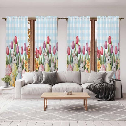 Easter Window Curtains 72 Inch Long 2 Panel Set,Rod Pocket Long Curtains & Drapes,Spring Bunny Colorful Eggs Tulip Flowers Blue Check Light Filtering Window Treatment for Bedroom 52"W x 72"L