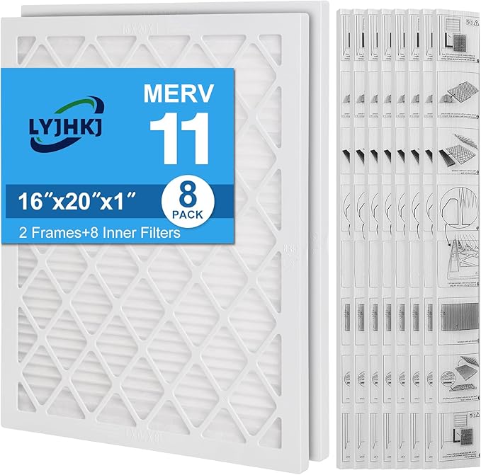 16x20x1 MERV 11 Air Filter, Quality AC/HVAC Furnace Filter，2 Reusable ABS Frame + 8 Pack Replaceable Filter Media，Breathe Fresher and Cost-effective