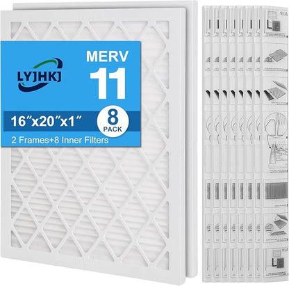 16x20x1 MERV 11 Air Filter, Quality AC/HVAC Furnace Filter，2 Reusable ABS Frame + 8 Pack Replaceable Filter Media，Breathe Fresher and Cost-effective