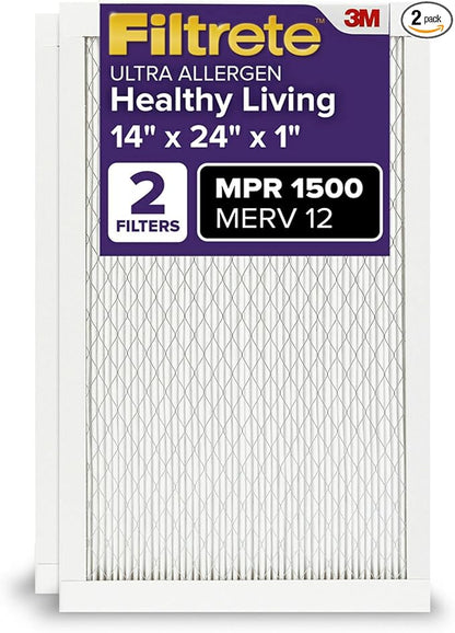 Filtrete 14x24x1 AC Furnace Air Filter, MERV 12, MPR 1500, CERTIFIED asthma & allergy friendly, 3 Month Pleated 1-Inch Electrostatic Air Cleaning Filter, 2-Pack (Actual Size 13.81x23.81x0.78 in)