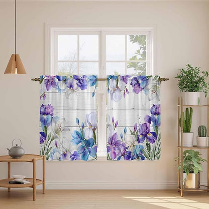 Spring Flowers Kitchen Curtains, Watercolor Garden Florals Wooden Grain Light Filtering Window Curtain Panels, 2Pcs Rod Pocket Window Treatments Set for Study Room Bathroom Bedroom 52x54 Inches