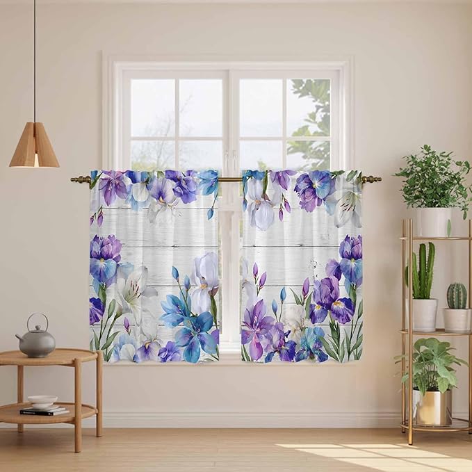 Spring Flowers Kitchen Curtains, Watercolor Garden Florals Wooden Grain Light Filtering Window Curtain Panels, 2Pcs Rod Pocket Window Treatments Set for RV Dining Room Study Room 42x54 Inches