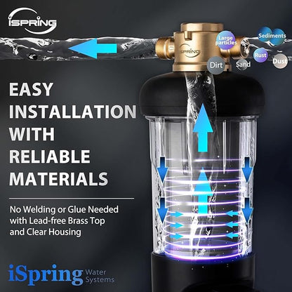 iSpring WSP50ARJ, NSF Certified, Spin-Down Sediment Water Filter, Upgraded Jumbo Size, Large Capacity, Reusable with Touch-Screen Auto Flushing Module, Brass Top Clear Housing, 50 Microns