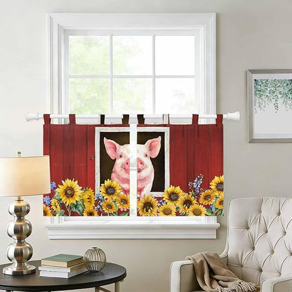 Pigs Sunflowers Kitchen Curtains 36 Inch Length, Small Window Curtains Tab Top, Farmhouse Red Barn Flowers Animals Light Filtering Short Window Treatments Tier Drapes 27.5"x36" 2 Panel