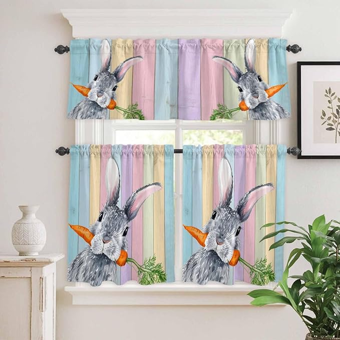 Easter Kitchen Curtain Set, Spring Grey Rabbit Carrots Colorful Wooden Plank Window Valance and Tiers 24" Length, Light Filtering Short Curtains Valance for Cafe Bathroom Bedroom 54"x18"