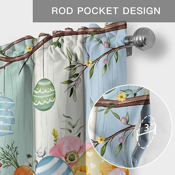 Easter Curtain Valances for Windows, Kitchen Valance Window Treatment, Spring Watercolor Bunny Eggs Wood Grain Teal Blue Light Filtering Block Curtains for Bathroom/Bedroom/Living Room 42'' x 12''